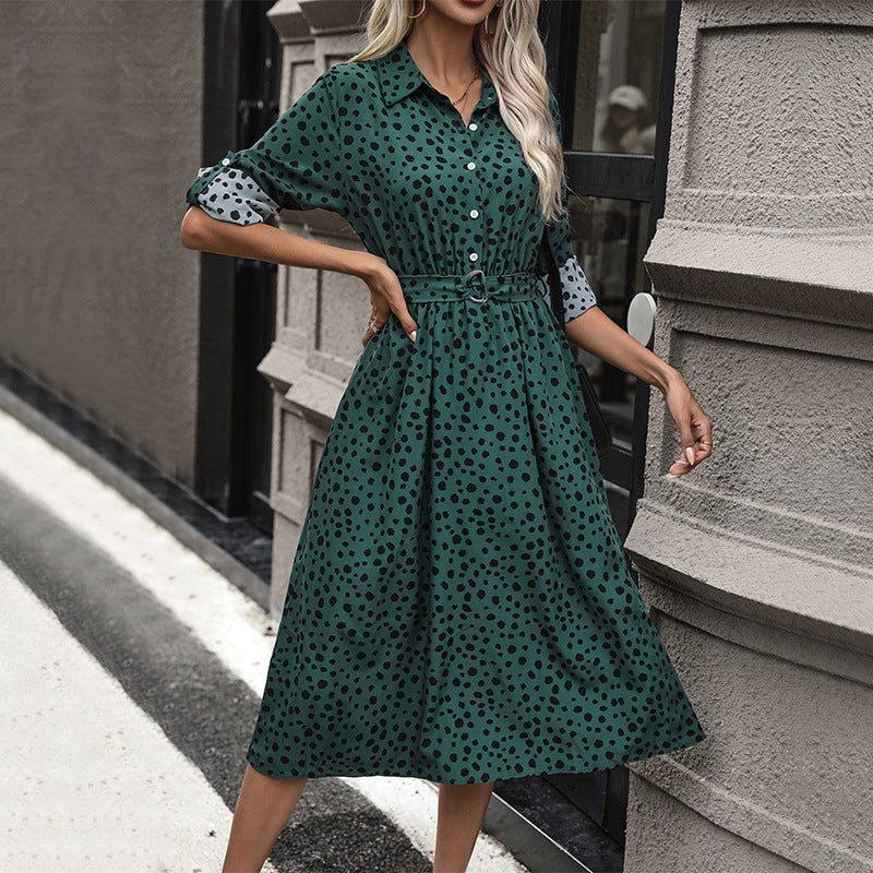 Damen Midikleid mit Hemdblusen-Design, tailliertem Gürtel & verspieltem Tupfenmuster Shop Nory