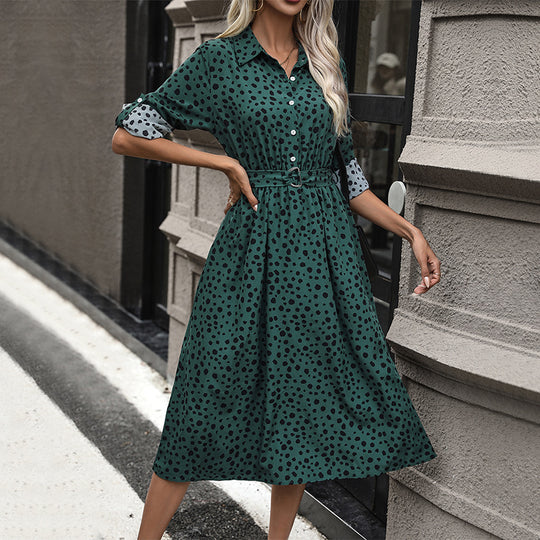Damen Midikleid mit Hemdblusen-Design, tailliertem Gürtel & verspieltem Tupfenmuster Shop Nory