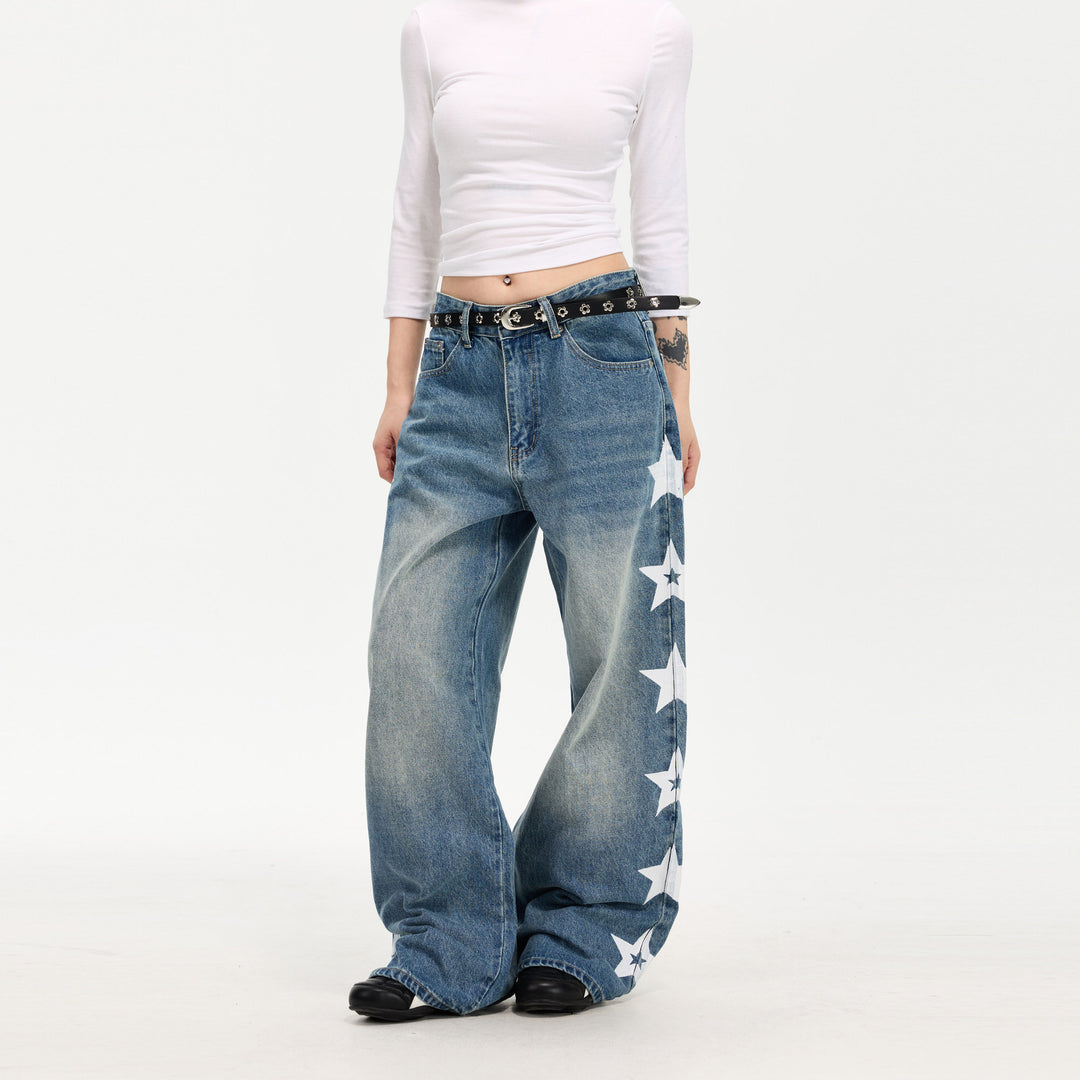 Damen Modische Weitgeschnittene Jeans mit Sternen-Design Shop Nory