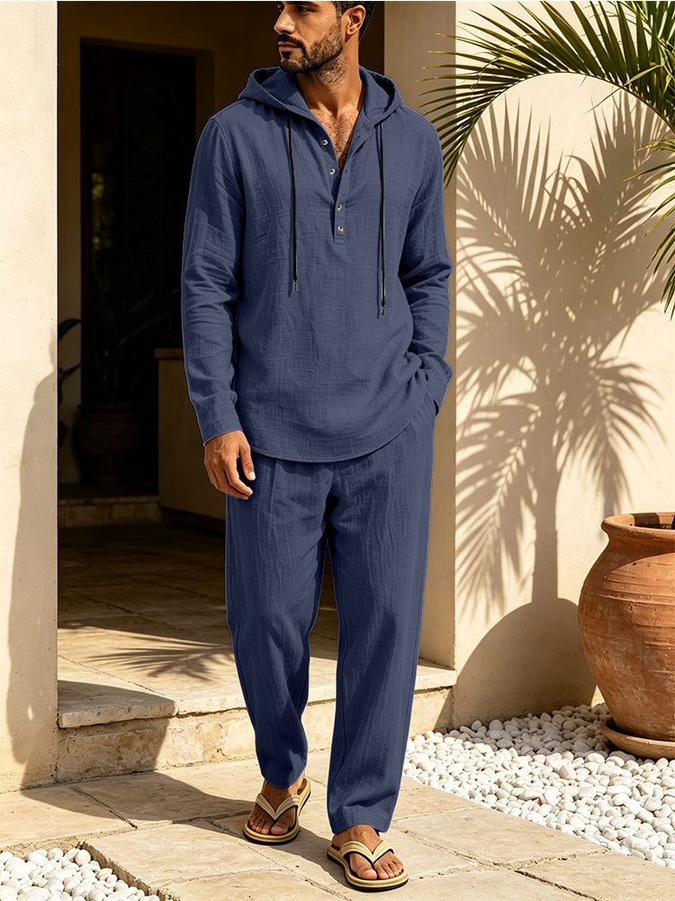 Herren Lässiges Leinen-Look Freizeit-Set mit Kapuzenhemd und weiten Hosen Shop Nory
