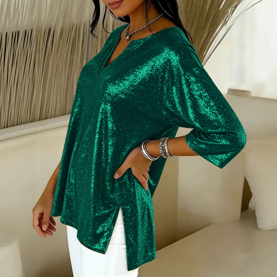 Damen Glänzendes Oversize-Tunika-Shirt mit V‑Ausschnitt und Seitenschlitzen Shop Nory