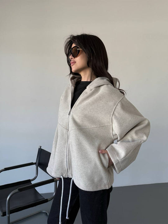 Damen Oversize Kapuzenjacke mit Reißverschluss und Tunnelzugsaum Shop Nory