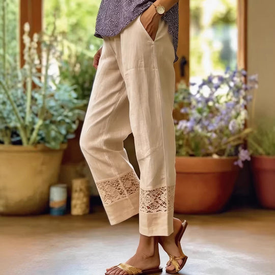 Damen Leinenoptik Culotte-Hose mit Spitzeinsatz am Saum und seitlichen Eingrifftaschen Shop Nory