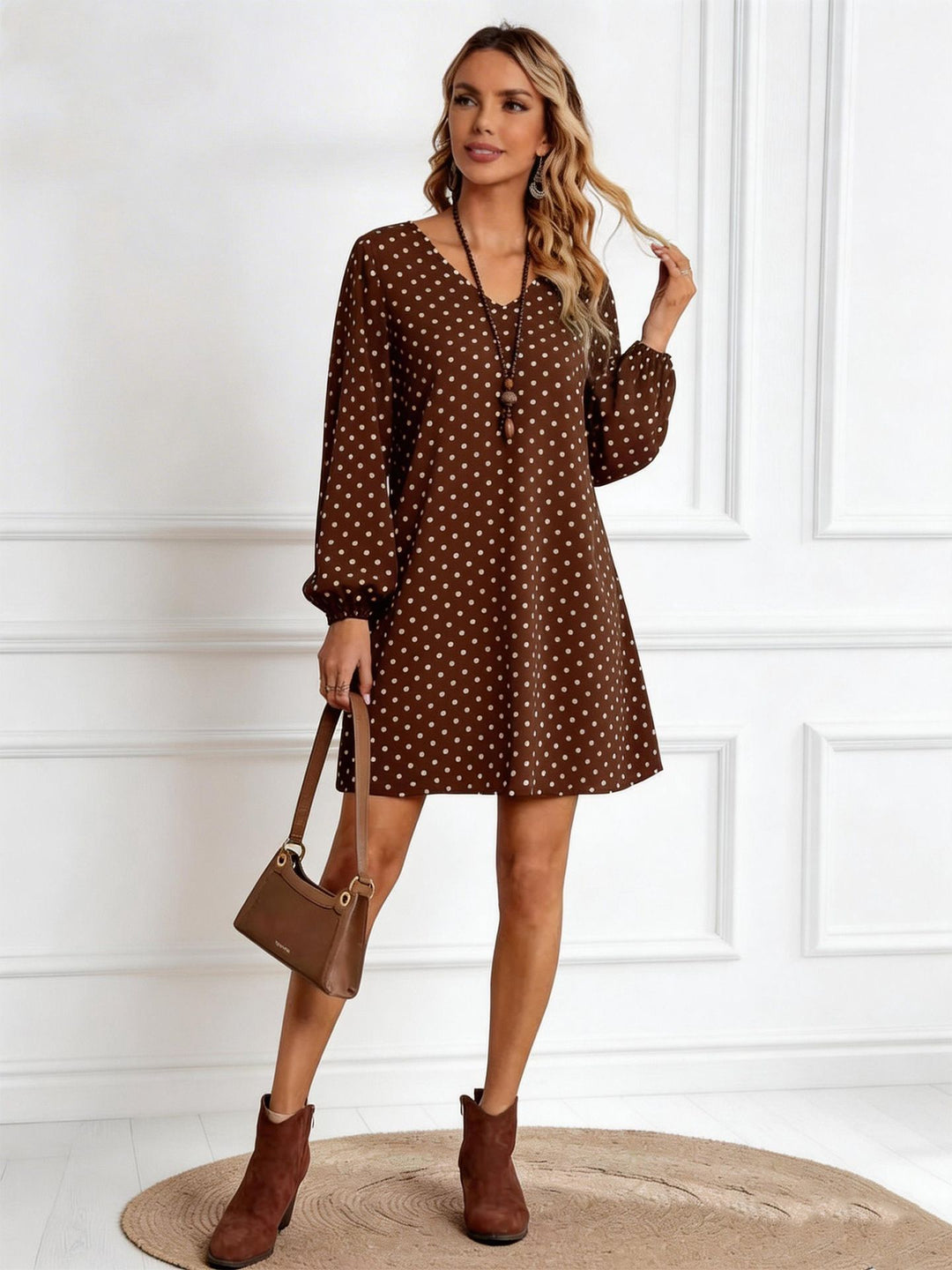 Damen Lockeres Tupfen‑Minikleid mit V‑Ausschnitt, Ballonärmeln und schwingender A‑Linie Shop Nory