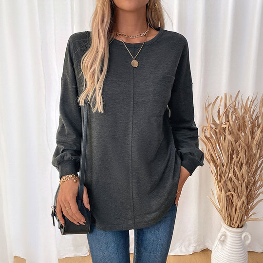 Damen Lässiges Langarm-Jerseyshirt mit Mittiger Ziernaht, Rundhals & abgerundetem Saum Shop Nory