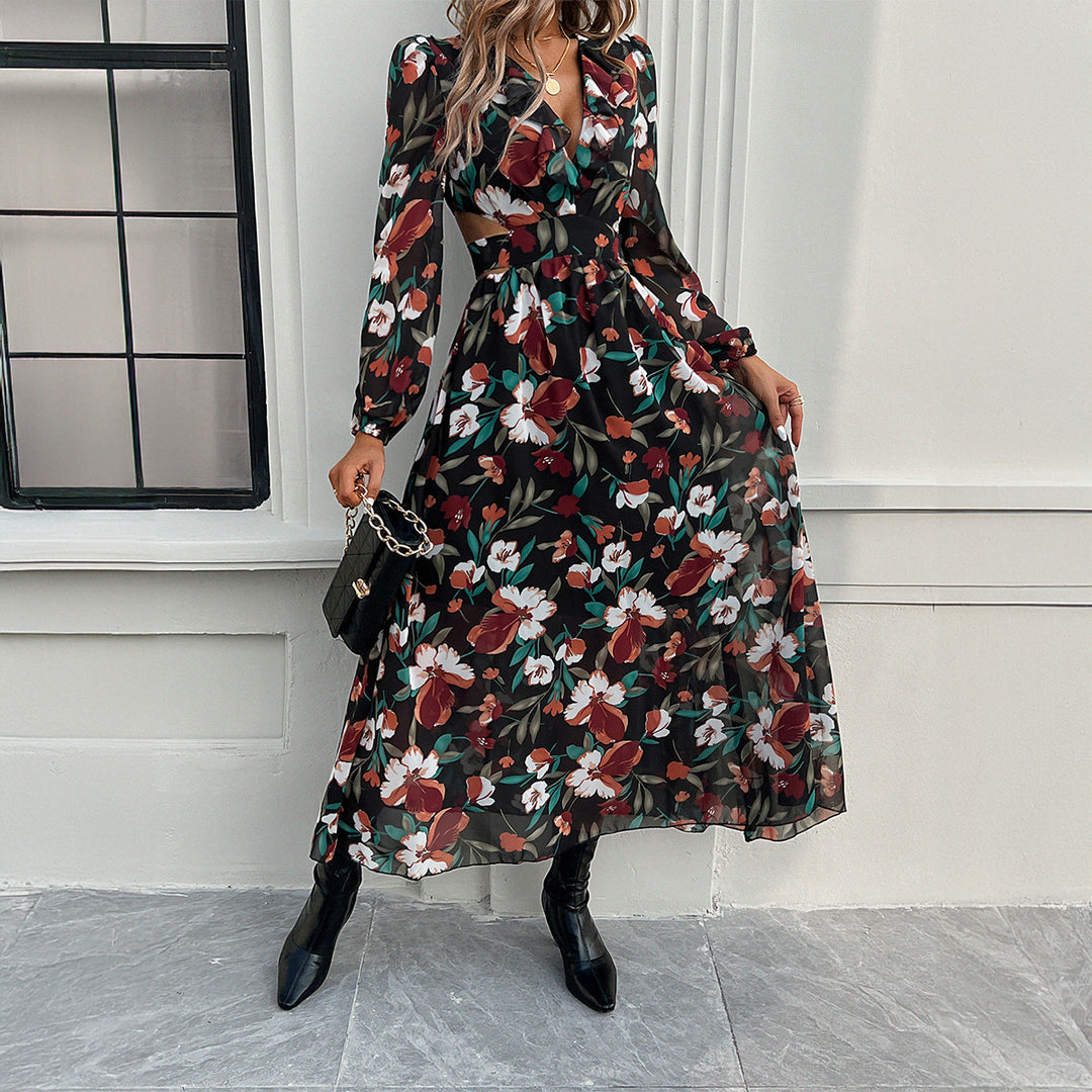 Damen nan luftig-fließendes Chiffon-Maxikleid mit Taillen-Cutouts, Rüschen-V-Ausschnitt und langen, transparenten Ärmeln Shop Nory