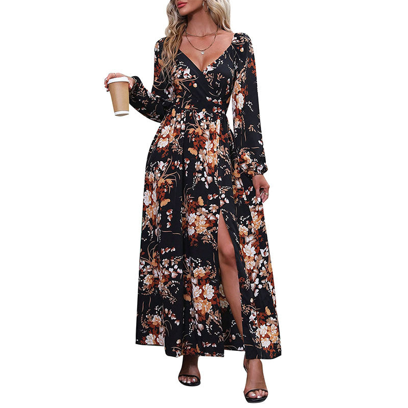 Damen Floral Maxikleid mit V-Ausschnitt und Rüschendetails Shop Nory