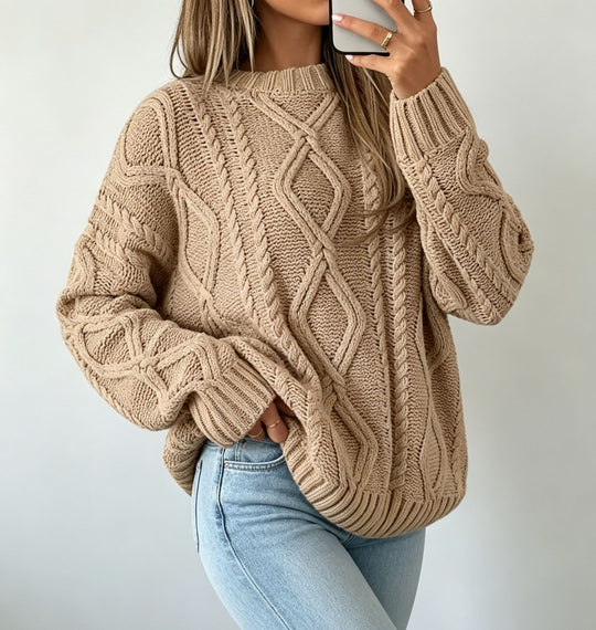 Damen Oversize Flechtstrick-Pullover mit Zopfmuster und Rundhals Shop Nory