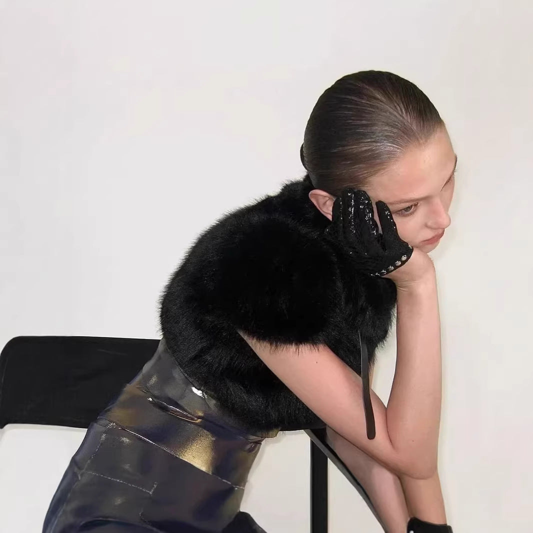 Damen Cropped Kunstpelz‑Bolero mit voluminösem Umlegekragen und Puffärmeln Shop Nory