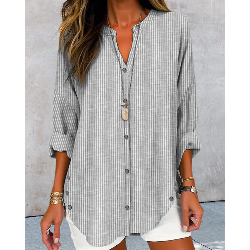 Damen Langarm Blusenshirt mit Knopfleiste und asymmetrischem Saum