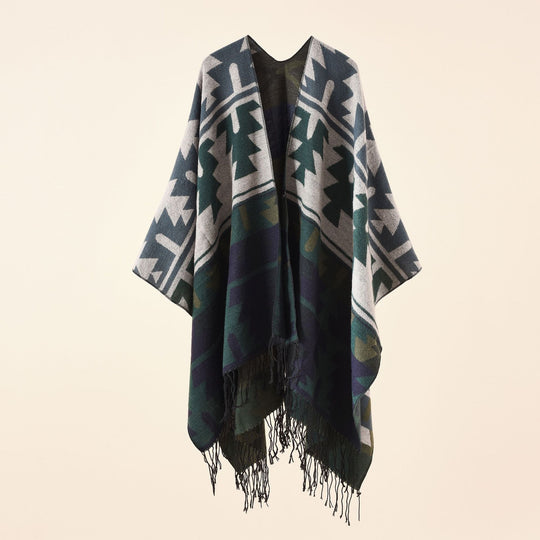 Damen Oversize-Ruana mit V‑Ausschnitt, grobem Jacquardmuster und langen Fransen Shop Nory