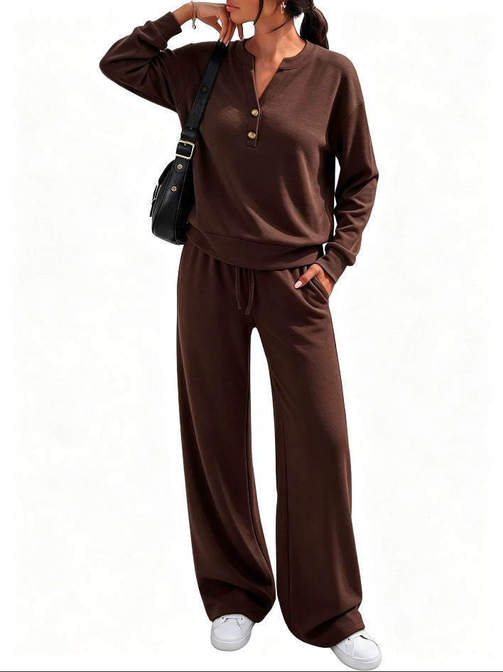 Damen Lounge-Set mit Henley-Kragen und palazzoweiter Jogginghose Shop Nory
