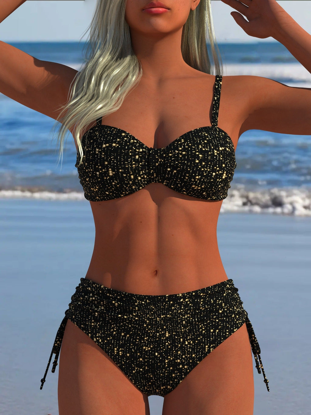Damen Bikini-Set mit stilvollem Karomuster und goldfarbenen Akzenten