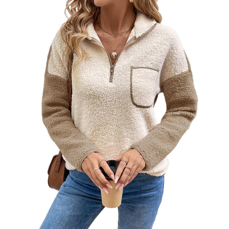 Damen Teddy-Fleece-Pullover mit halbem Reißverschluss, Kontrastärmeln und Brusttasche Shop Nory