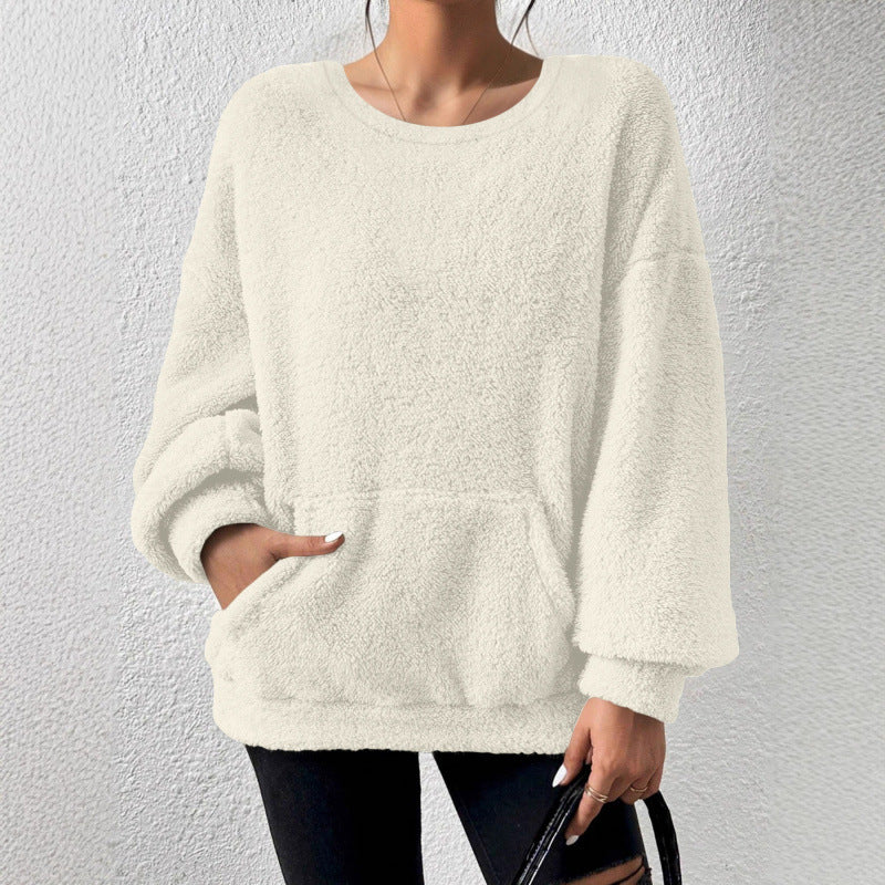 Damen Kuscheliger Oversize-Sherpa-Pullover mit Kängurutasche und Ballonärmeln Shop Nory