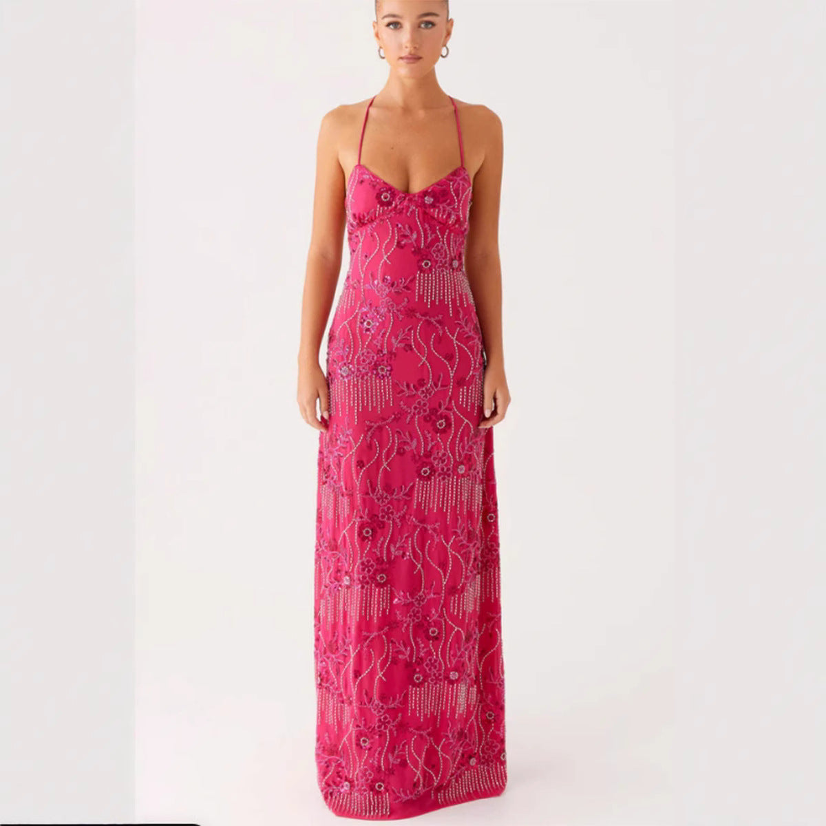 Damen Elegantes Maxikleid mit verführerischem V-Ausschnitt und funkelnden Applikationen Shopnory