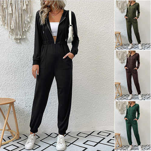 Damen Kapuzen-Jumpsuit mit Reißverschluss, elastischer Taillenpassform & Joggerbündchen Shop Nory