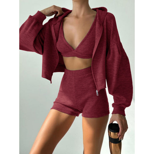Damen nan kurzes geripptes Lounge-Set mit Kapuzen-Zipjacke und Highwaist-Shorts Shop Nory