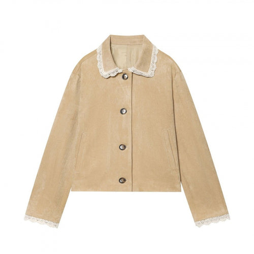 Damen Cropped-Veloursjacke mit Spitzkragen und Spitzenmanschetten Shop Nory