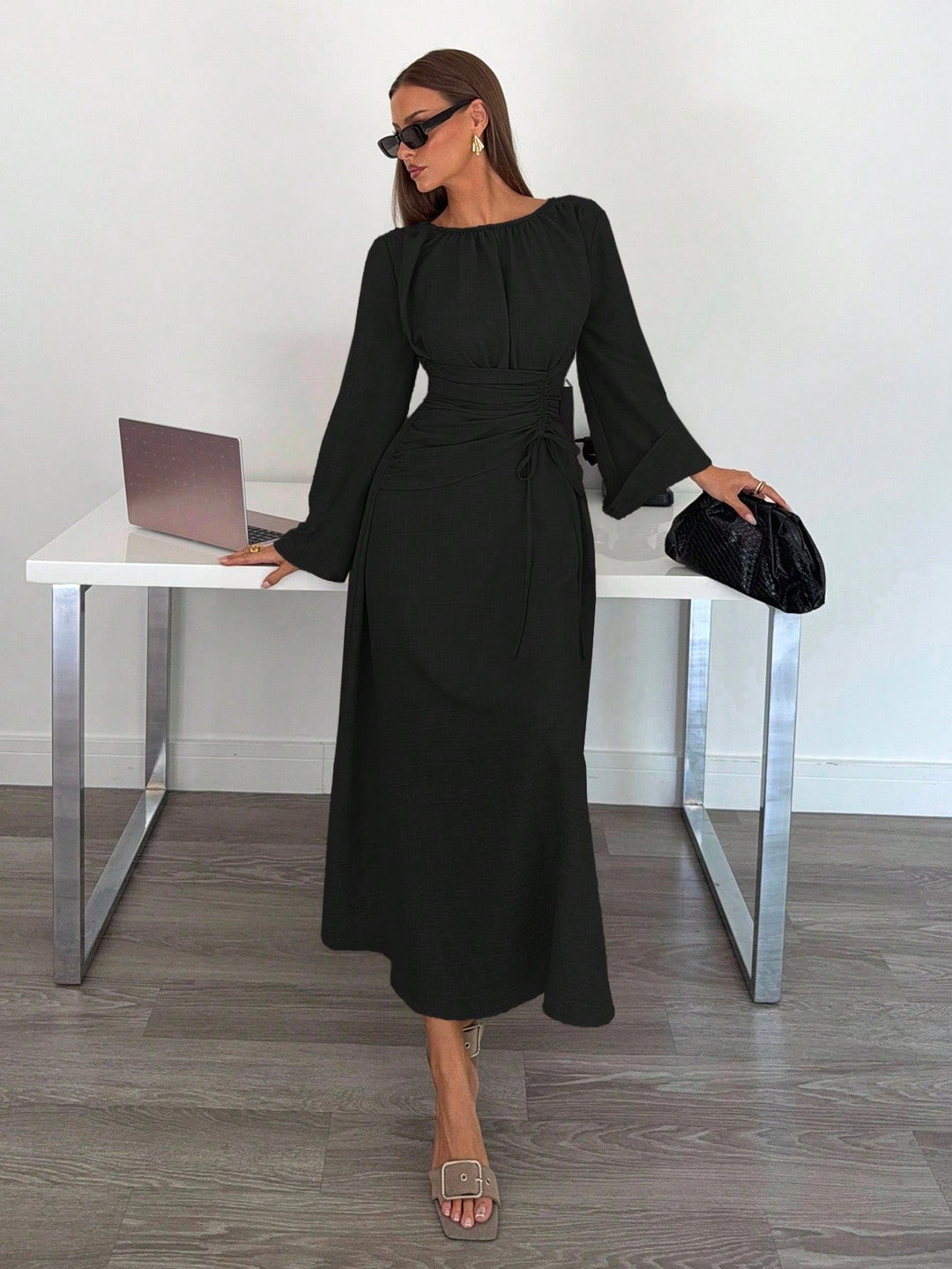 Damen Maxikleid mit geraffter Taillen-Schnürung, weiten Ärmeln und fließendem Rock Shop Nory