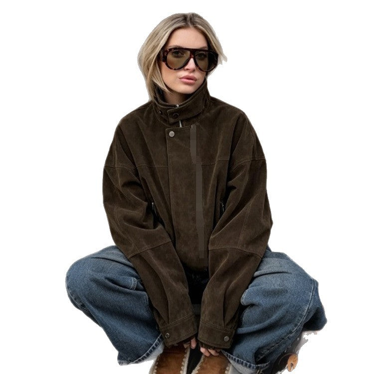 Damen Boxy-Suede-Bomberjacke mit hohem Stehkragen und elastischem Saum Shop Nory