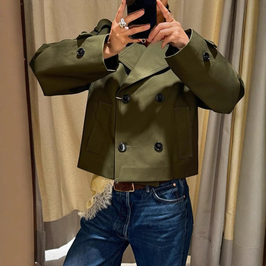 Damen Cropped-Doppelreiher-Trenchjacke mit kastiger Silhouette und aufgesetzten Taschen Shop Nory