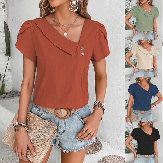 Damen Leichte Leinenbluse mit asymmetrischem Reverskragen und Puffärmeln Shop Nory