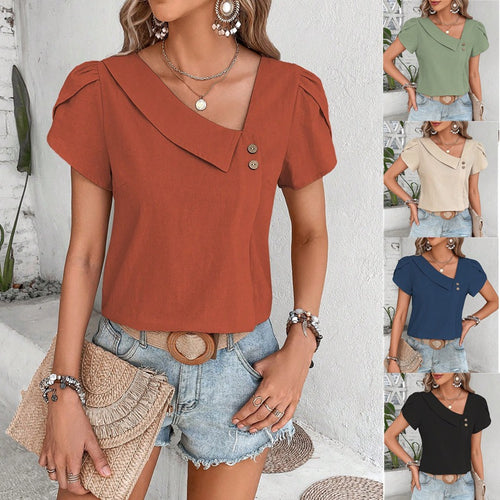 Damen Leichte Leinenbluse mit asymmetrischem Reverskragen und Puffärmeln Shop Nory