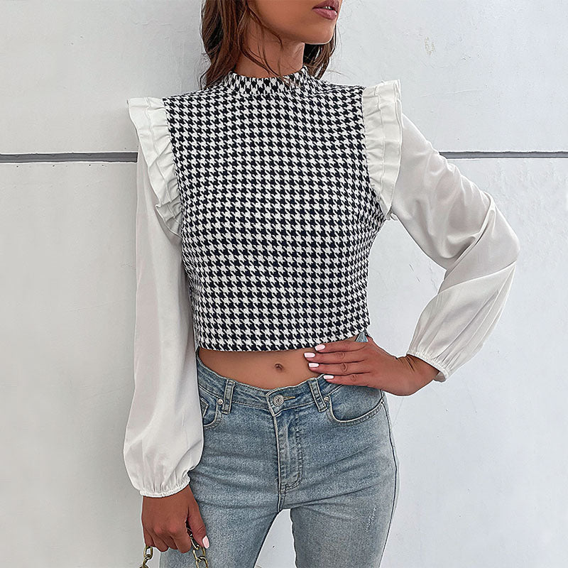 Damen Kurzes Hahnentritt-Top mit Stehkragen, Puffärmeln und gerafften Schulterrüschen Shop Nory