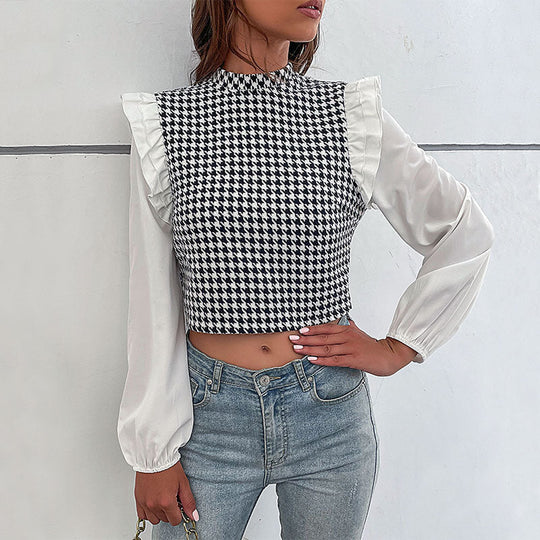 Damen Kurzes Hahnentritt-Top mit Stehkragen, Puffärmeln und gerafften Schulterrüschen Shop Nory