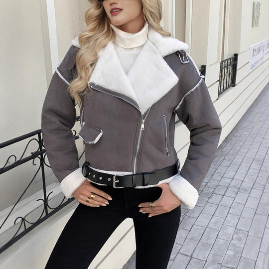 Damen Modische Kunstlederjacke mit luxuriösem Kunstfellbesatz