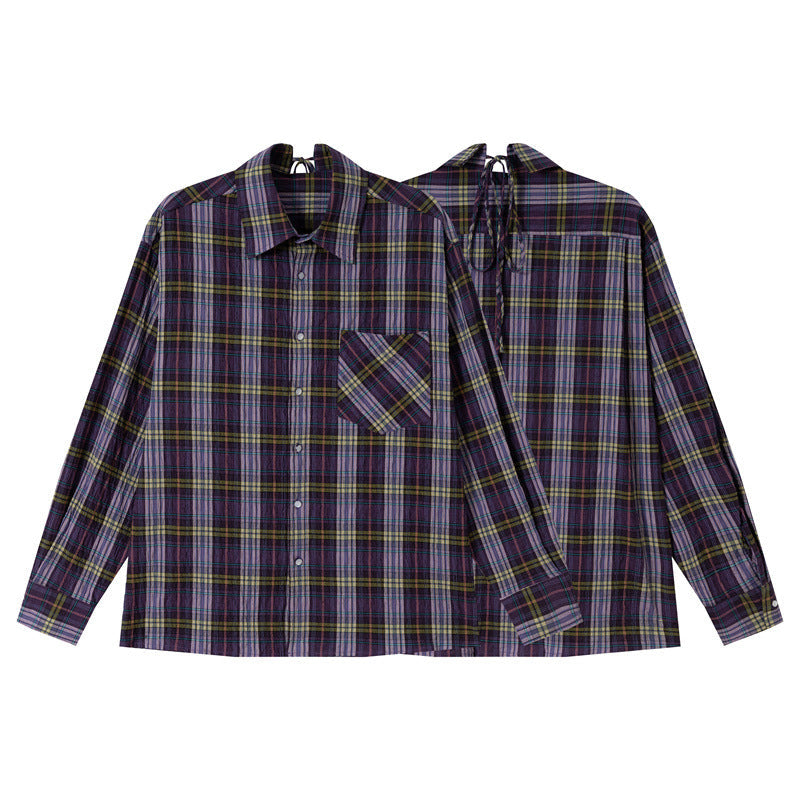 Damen Oversize-Karobluse aus leichter Baumwollmischung mit diagonalem Brusttaschen-Detail Shop Nory