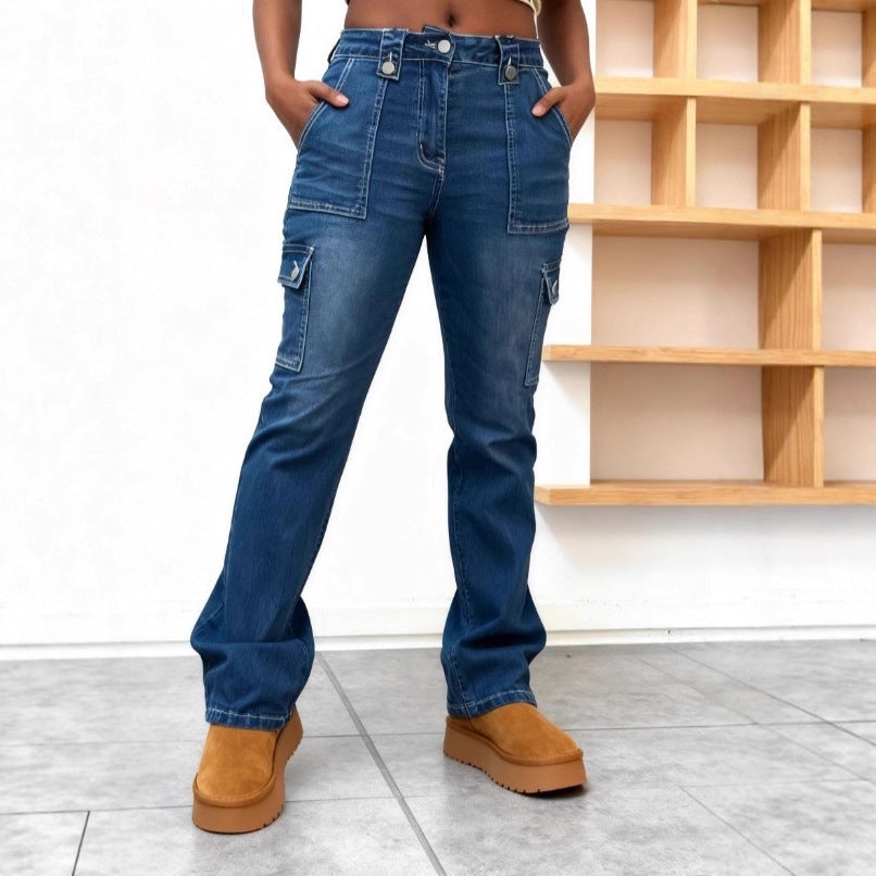 Damen Hochtaillierte Cargo-Denim-Jeans mit geradem Bein und aufgesetzten Klappentaschen Shop Nory