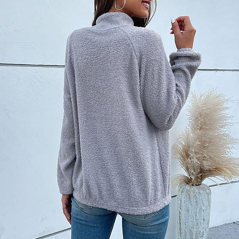 Damen Kuscheliger Teddy-Fleece-Pullover mit Stehkragen und Druckknopfleiste Shop Nory