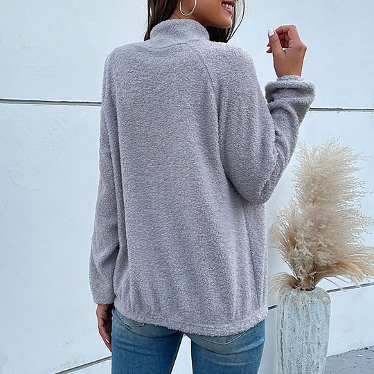 Damen Kuscheliger Teddy-Fleece-Pullover mit Stehkragen und Druckknopfleiste Shop Nory