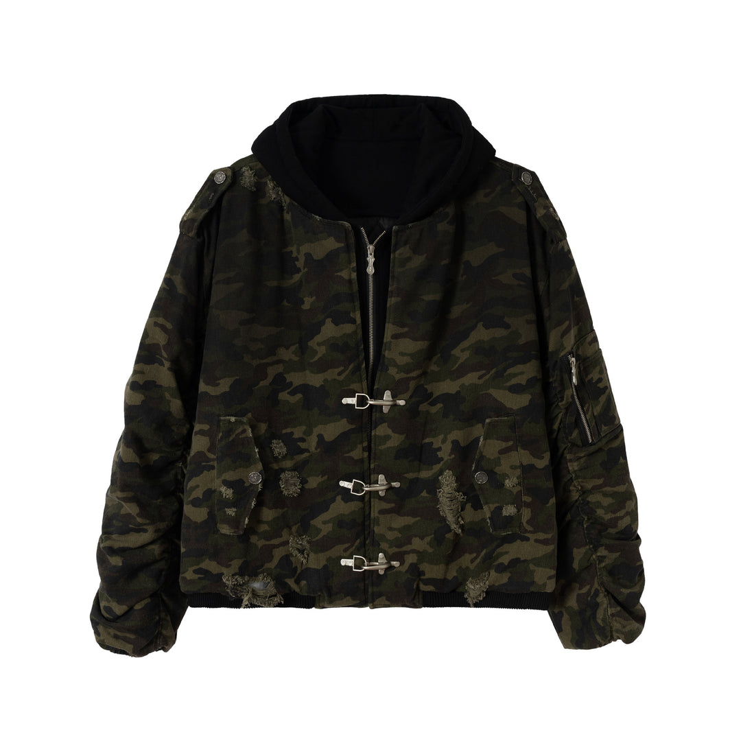 Herren Camouflage Utility-Bomberjacke mit Kapuze, Distressed‑Details und Hakenverschluss Shop Nory
