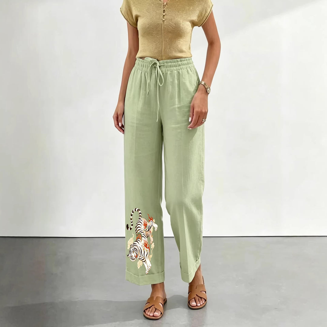 Damen nan lässige Leinen-Baumwoll Culotte mit elastischem Bund und Tigerstickerei Shop Nory