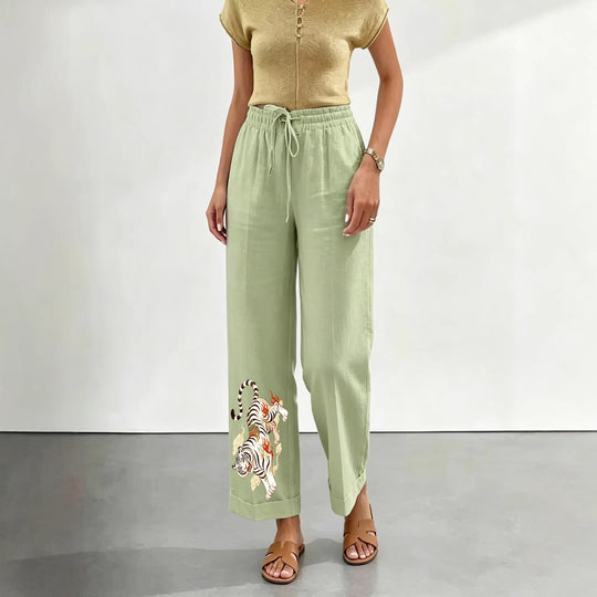 Damen nan lässige Leinen-Baumwoll Culotte mit elastischem Bund und Tigerstickerei Shop Nory