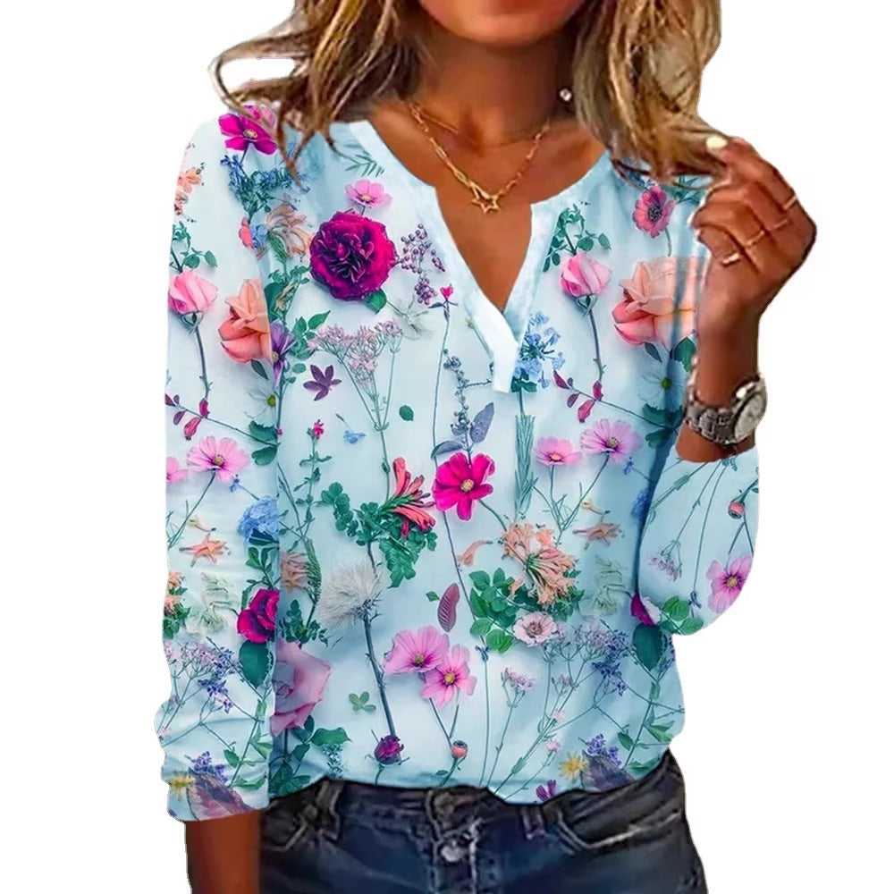 Damen Floral Lange Bluse im Chiffon-Look mit V-Schlitz und Lässiger Silhouette Shop Nory