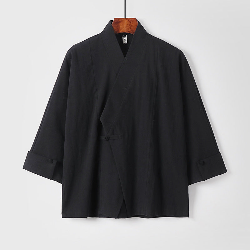 Herren Leinen-Kimono-Jacke mit traditionellem Knotenverschluss und mittel-langen Ärmeln Shop Nory