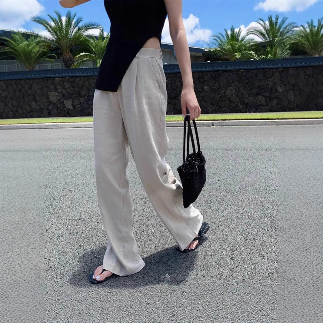 Damen Weite Leinenmix-Hose mit hoher Taille, Bügelfalte und Eingrifftaschen Shop Nory