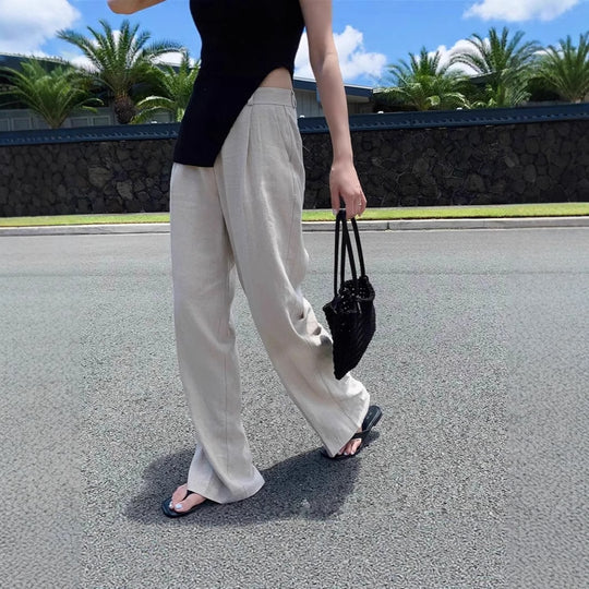 Damen Weite Leinenmix-Hose mit hoher Taille, Bügelfalte und Eingrifftaschen Shop Nory