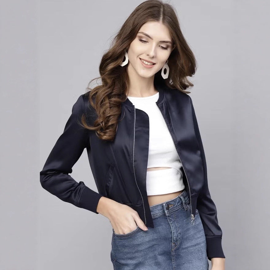 Damen Kurze Satin-Bomberjacke mit Reißverschluss, Rippbündchen und Eingrifftaschen Shop Nory