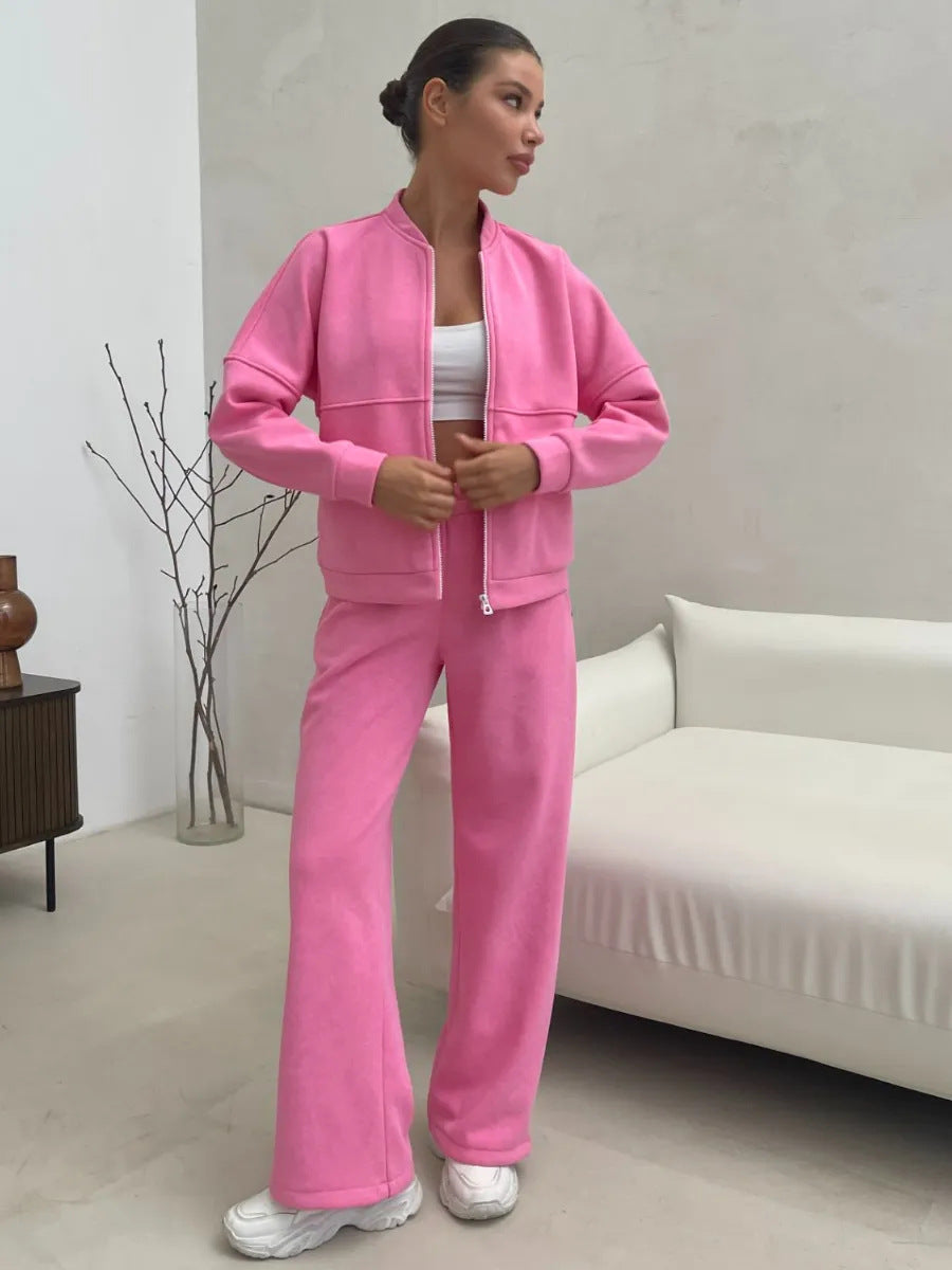 Damen Zweiteiliges Loungewear-Set mit kurzem Bomber-Zip und weiter hochgeschnittener Jogginghose Shop Nory