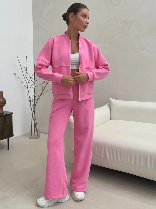 Damen Zweiteiliges Loungewear-Set mit kurzem Bomber-Zip und weiter hochgeschnittener Jogginghose Shop Nory