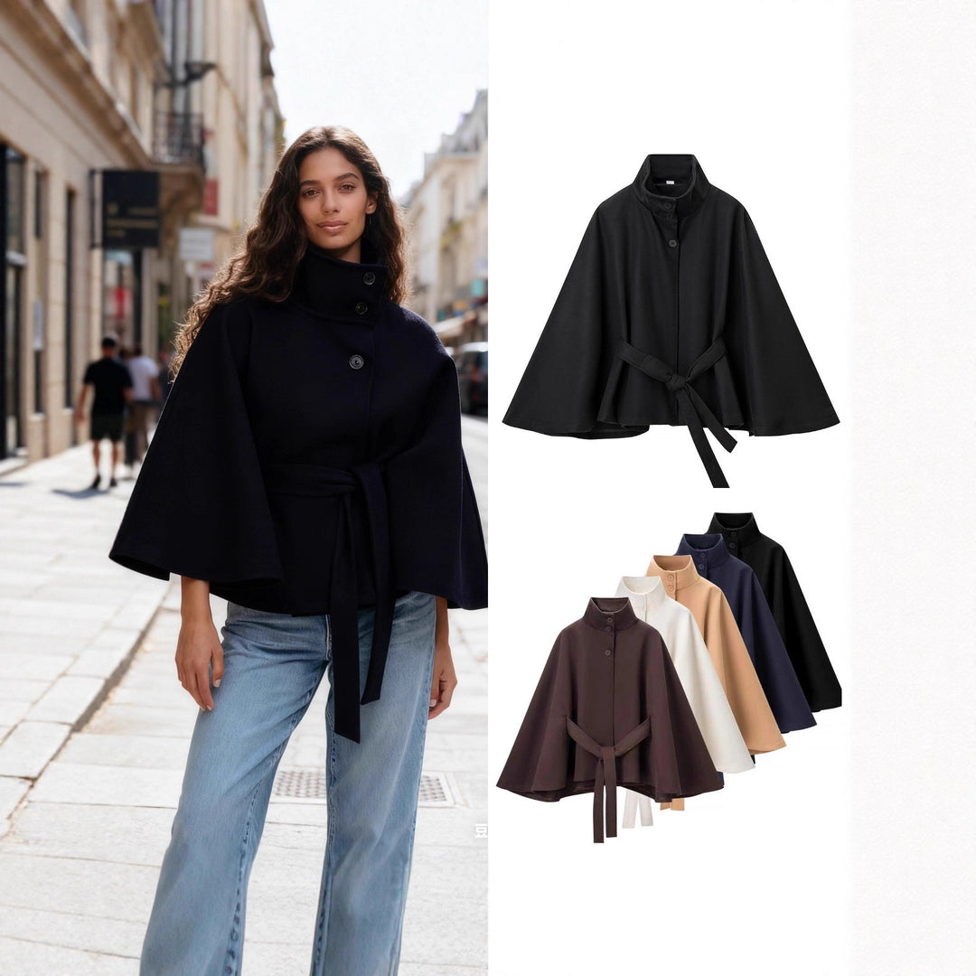 Damen Kurzer Cape-Mantel mit Stehkragen, verdeckter Knopfleiste und Bindegürtel Shop Nory