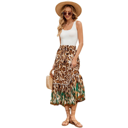 Damen Maxi-Rock mit animalischem Print und raffinierter Volant