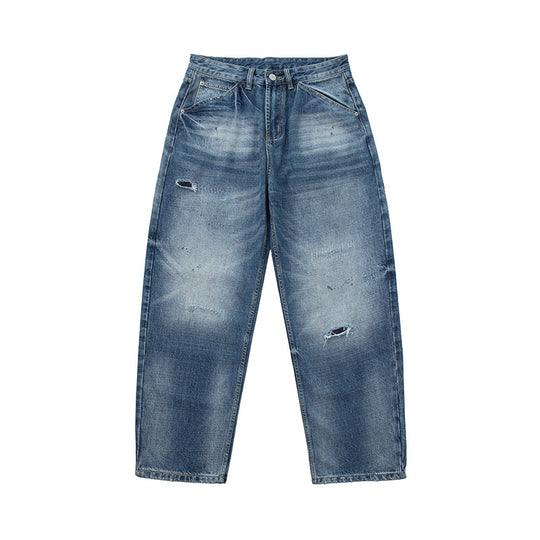 Damen locker geschnittene hochtaillierte Jeans im Used-Look mit ausgefransten Details und Ziernähten Shop Nory