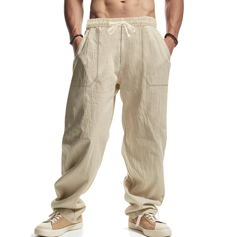 Herren nan lockere Leinenhose mit elastischem Bund, Tunnelzug und großen Eingrifftaschen