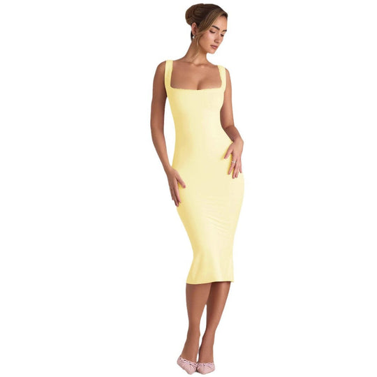 Damen figurbetontes Midikleid mit quadratischem Ausschnitt und Spitzenakzenten